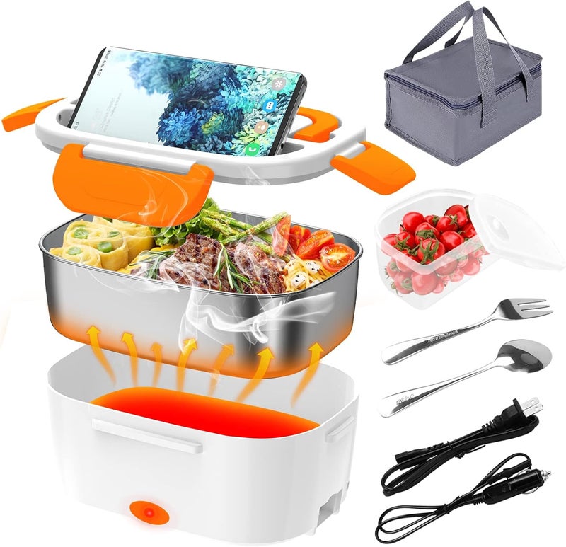 CHARMDOO Electric Lunch Box, Food Warmer Heater 12V 24V 110V, 80W Faster Heated Lunch Box for Car/Truck/Home Portable Heating Boxes with 1.5L 304 SS Container Fork & Spoon, White+Orange - Image 1